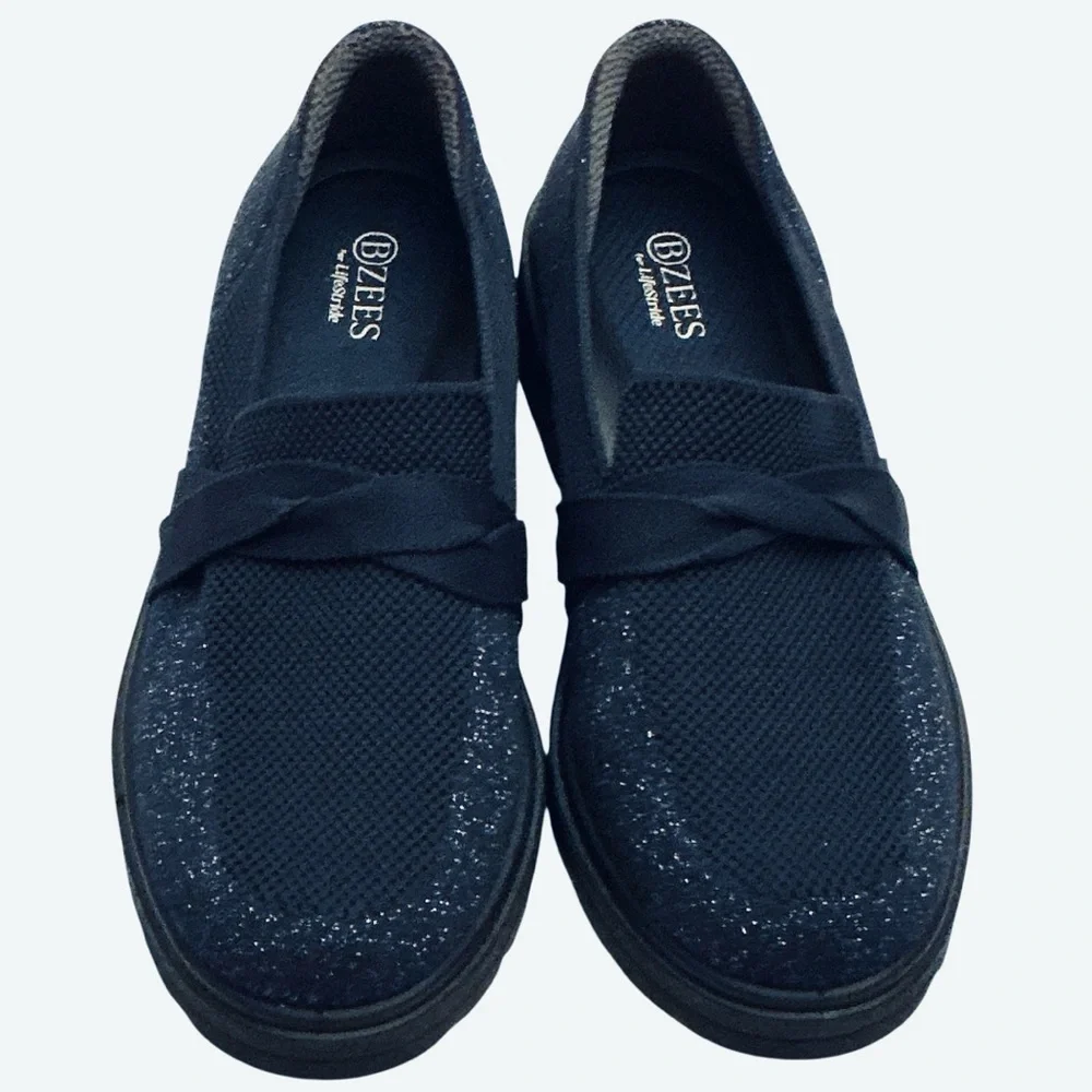 BZEES for LifeStride Muse Bow Sz 7 WIDE Loafers Blue Knit Sparkle Chunky Slip-on